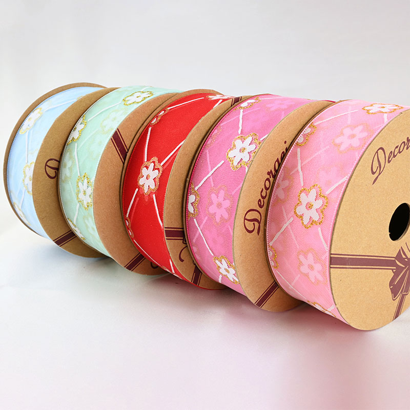 2.5cm 3.8cm golden flower polyester ribbon for hairclip bow