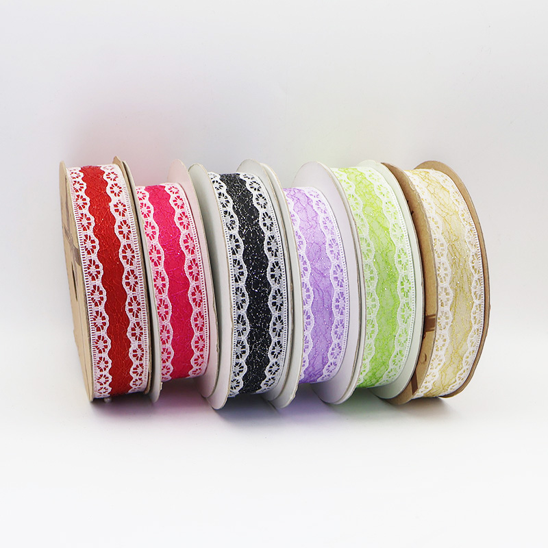 2.5cm 3.8cm shiny fishing net polyester ribbon with double lace