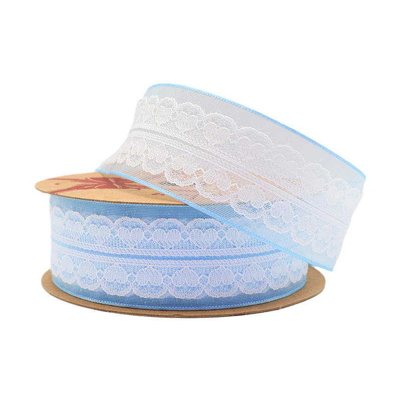 3.8cm straight edge polyester ribbon with white lace