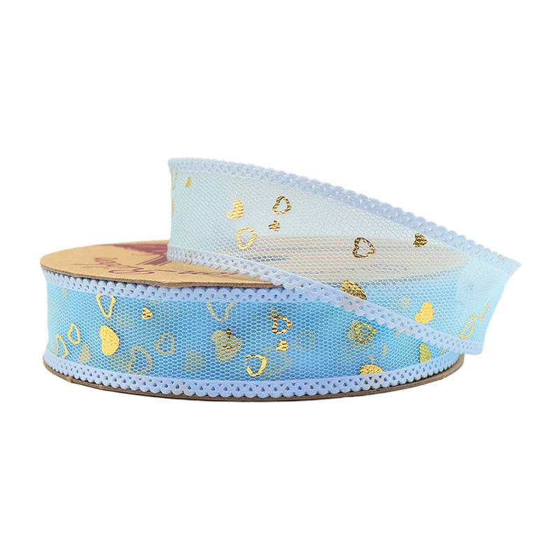 2.5cm 3.8cm gold stamped heart polyester ribbon for hairclip bow