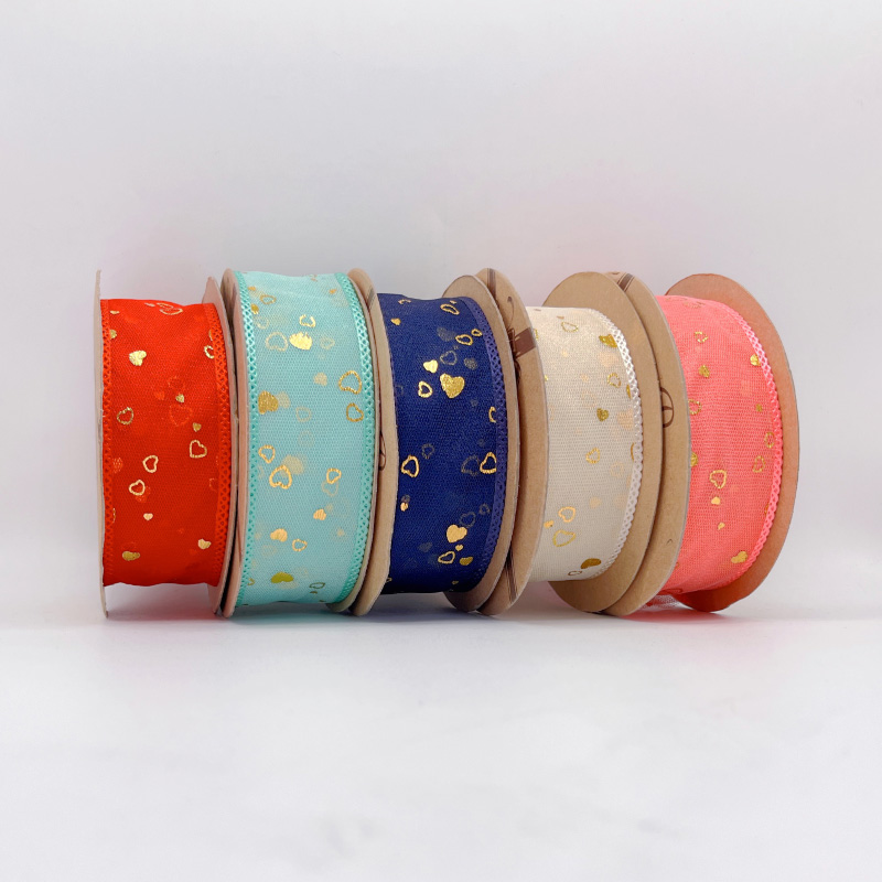 2.5cm 3.8cm gold stamped heart polyester ribbon for hairclip bow