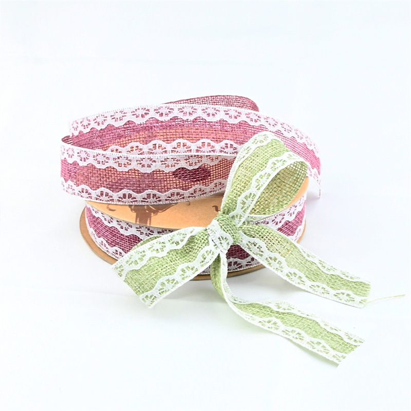 2.5cm 3.8cm burlap ribbon with double white lace