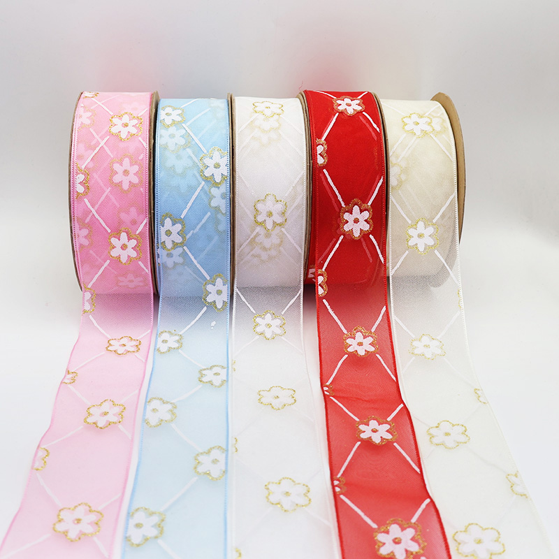 2.5cm 3.8cm golden flower polyester ribbon for hairclip bow