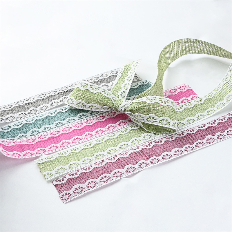 2.5cm 3.8cm burlap ribbon with double white lace