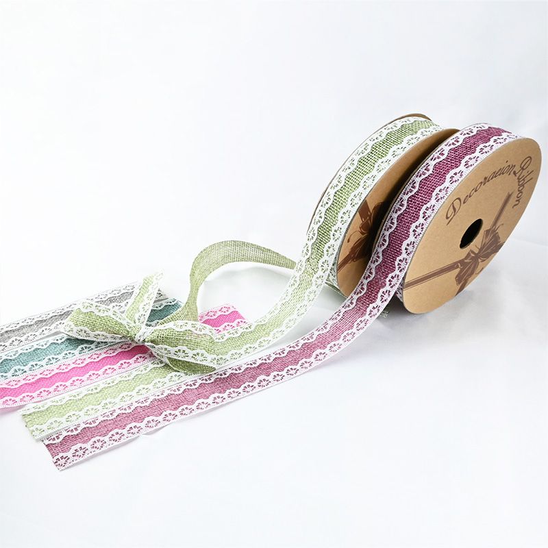 2.5cm 3.8cm burlap ribbon with double white lace