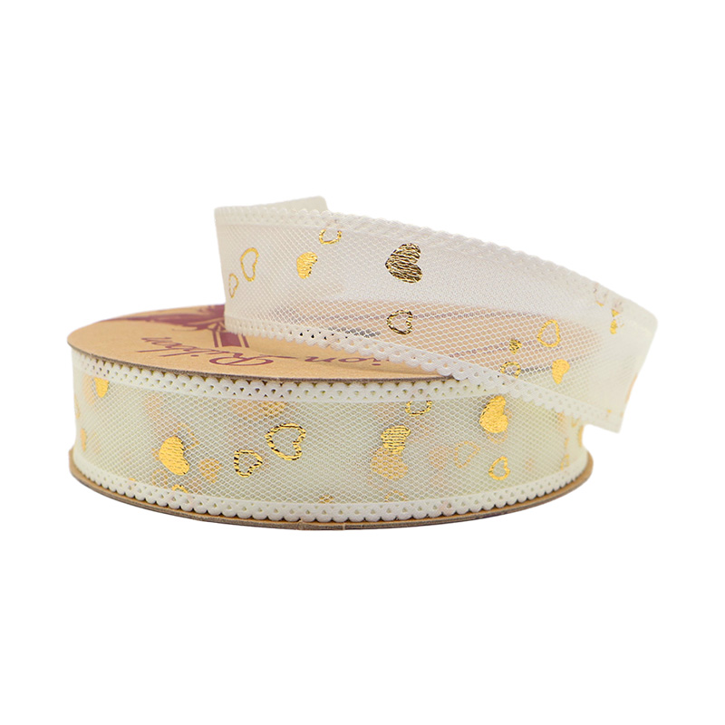 2.5cm 3.8cm gold stamped heart polyester ribbon for hairclip bow