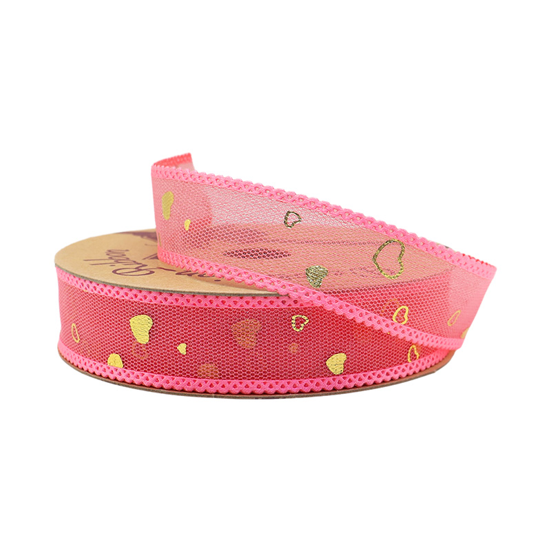 2.5cm 3.8cm gold stamped heart polyester ribbon for hairclip bow