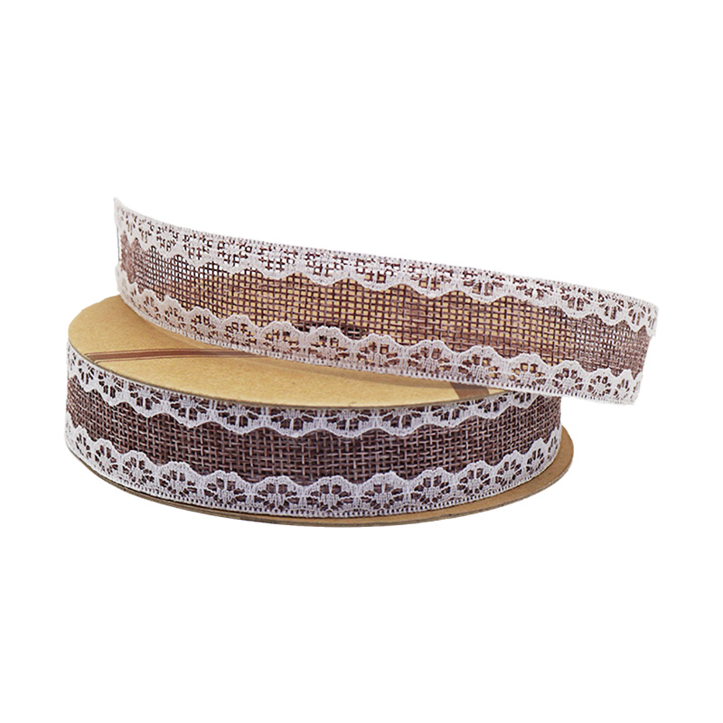 2.5cm 3.8cm burlap ribbon with double white lace