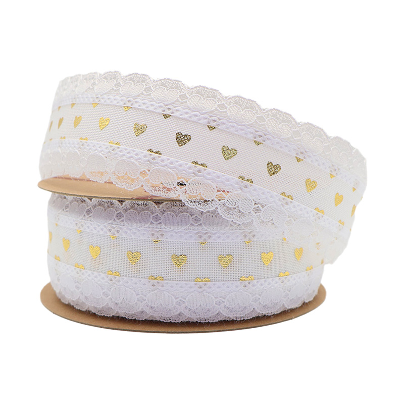 3.8cm double golden heart fine linen ribbon with lace