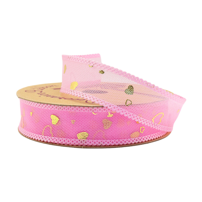 2.5cm 3.8cm gold stamped heart polyester ribbon for hairclip bow