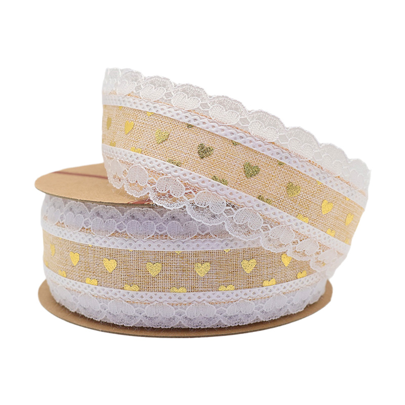 3.8cm double golden heart fine linen ribbon with lace