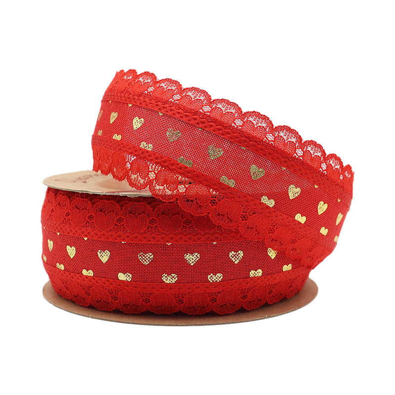 3.8cm double golden heart fine linen ribbon with lace