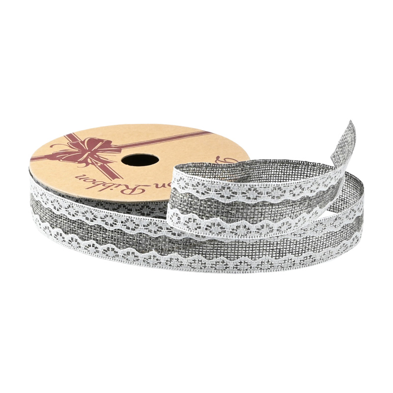 2.5cm 3.8cm burlap ribbon with double white lace