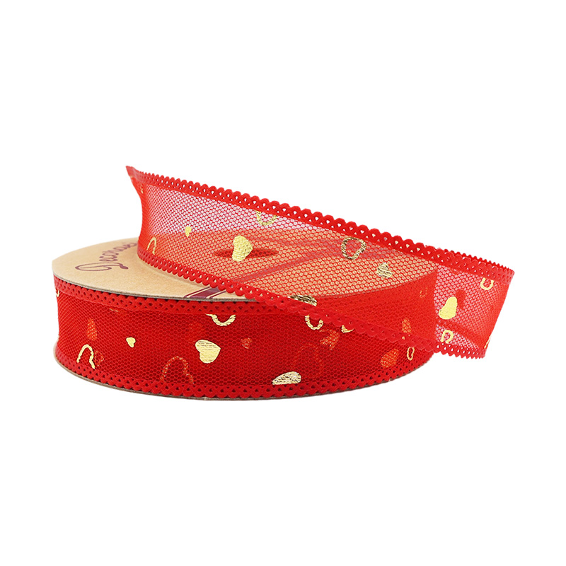 2.5cm 3.8cm gold stamped heart polyester ribbon for hairclip bow