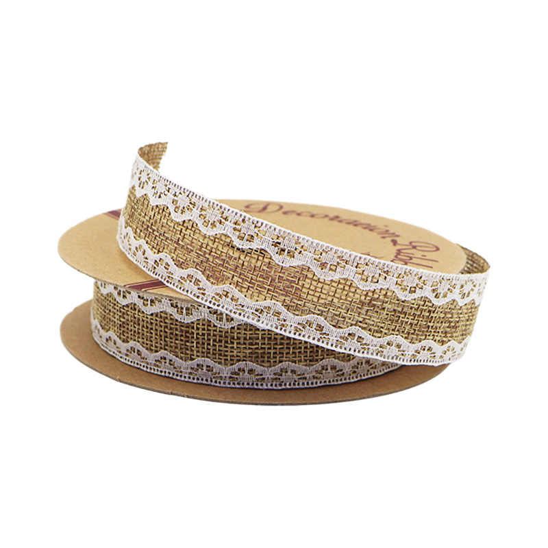 2.5cm 3.8cm burlap ribbon with double white lace