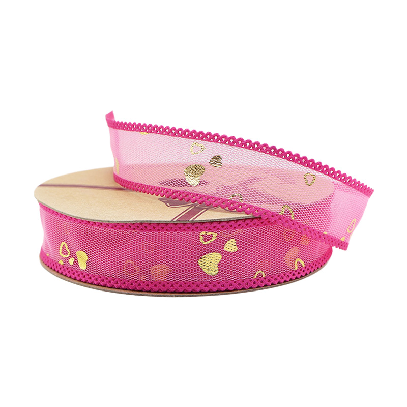 2.5cm 3.8cm gold stamped heart polyester ribbon for hairclip bow