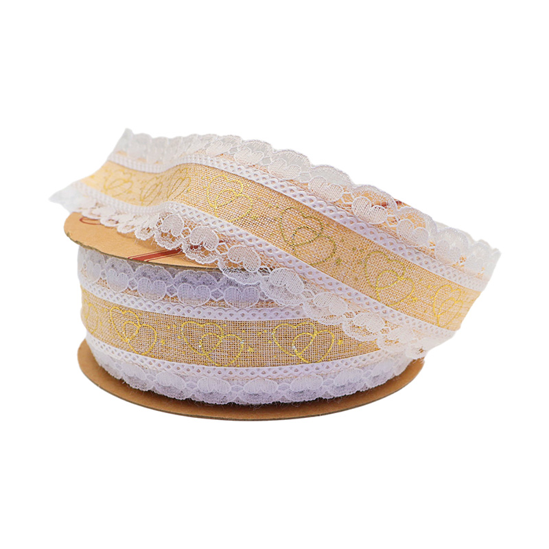 3.8cm double golden heart fine linen ribbon with lace