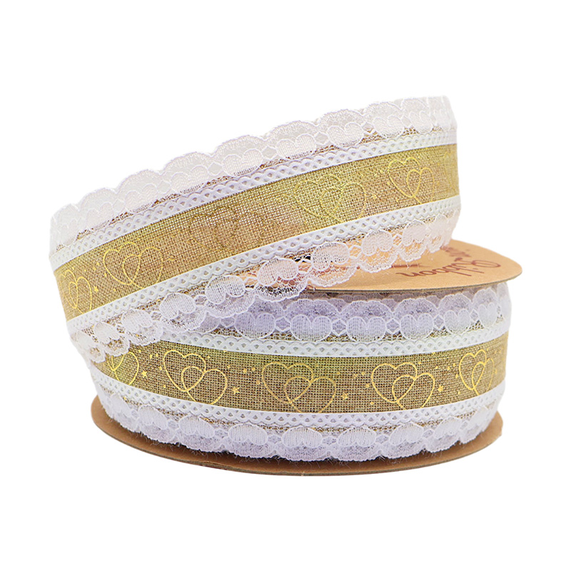 3.8cm double golden heart fine linen ribbon with lace