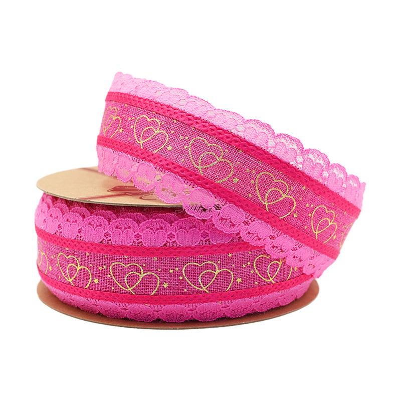 3.8cm double golden heart fine linen ribbon with lace