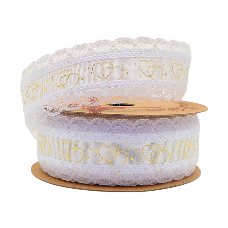 3.8cm double golden heart fine linen ribbon with lace